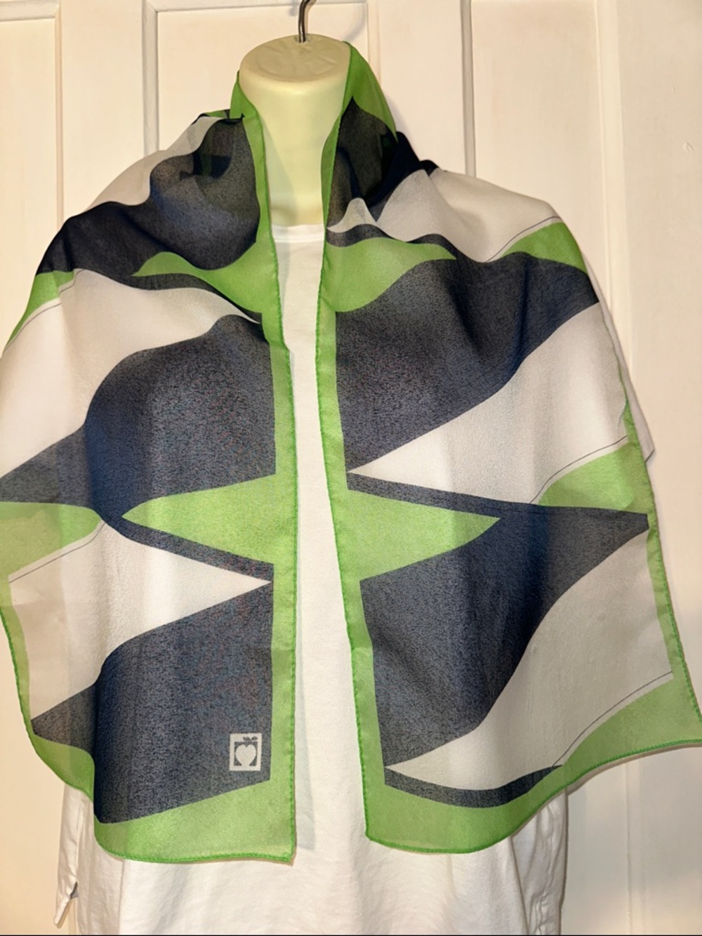 Vintage Green, Navy Blue & White Geometric Pattern Polyester‎ Long Scarf
